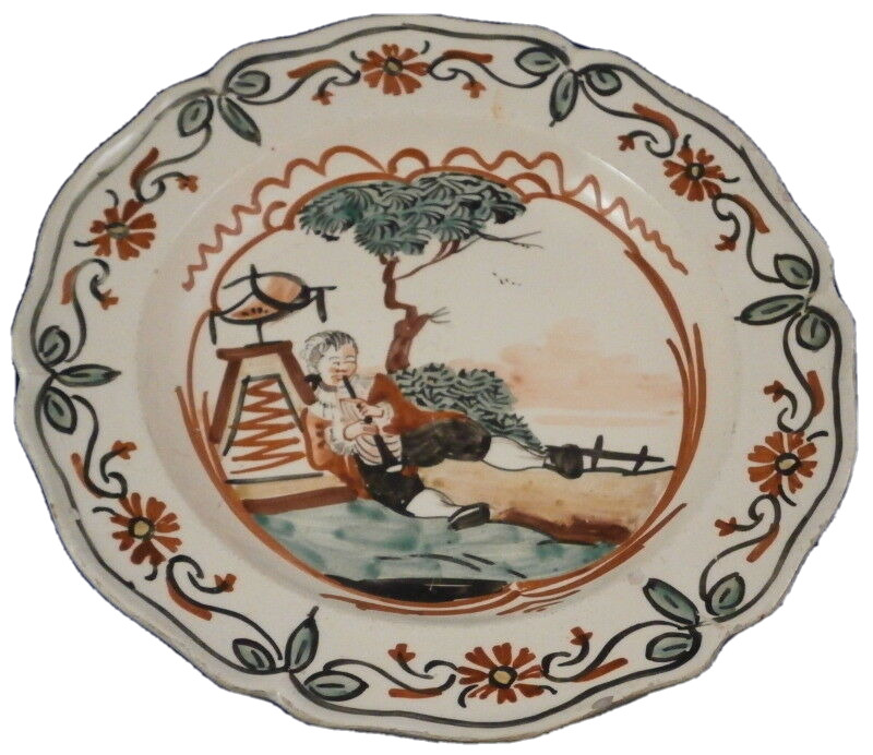 Antique 18thC Dutch Decorated Creamware Scenic Plate Scene Holland Netherlands