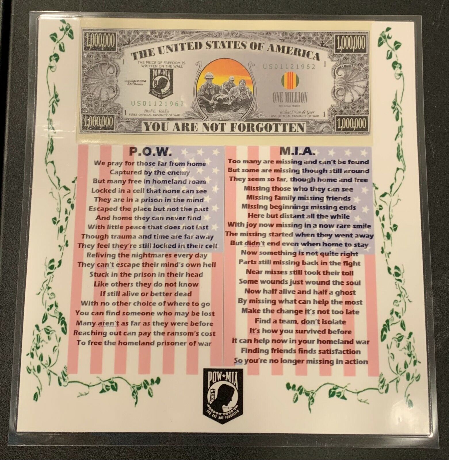 Patriotic Vietnam POW/MIA PTSD awareness poem and million dollar bill