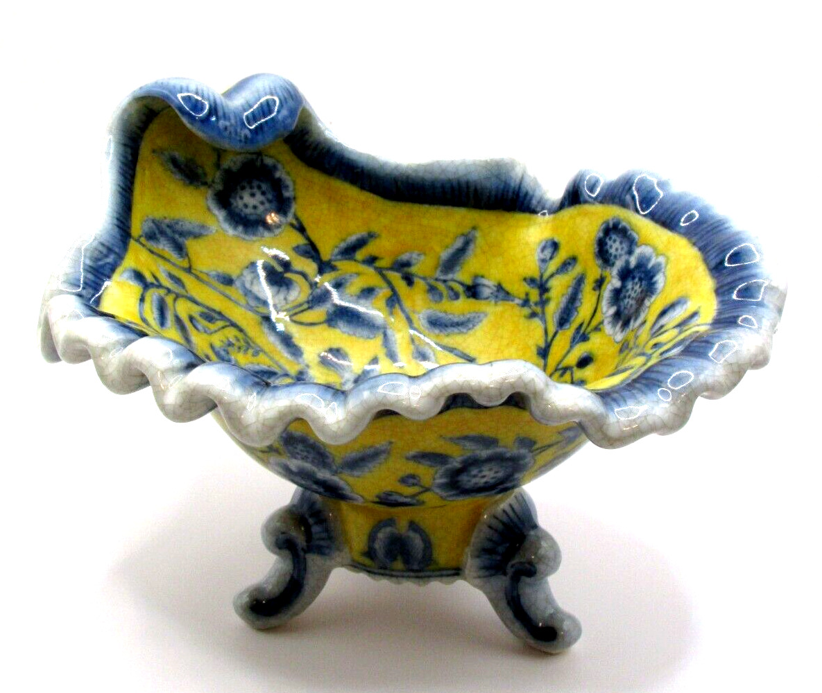 Vintage Blue and Yellow Chinese Crackle Glaze,  Porcelain Compote, 8\