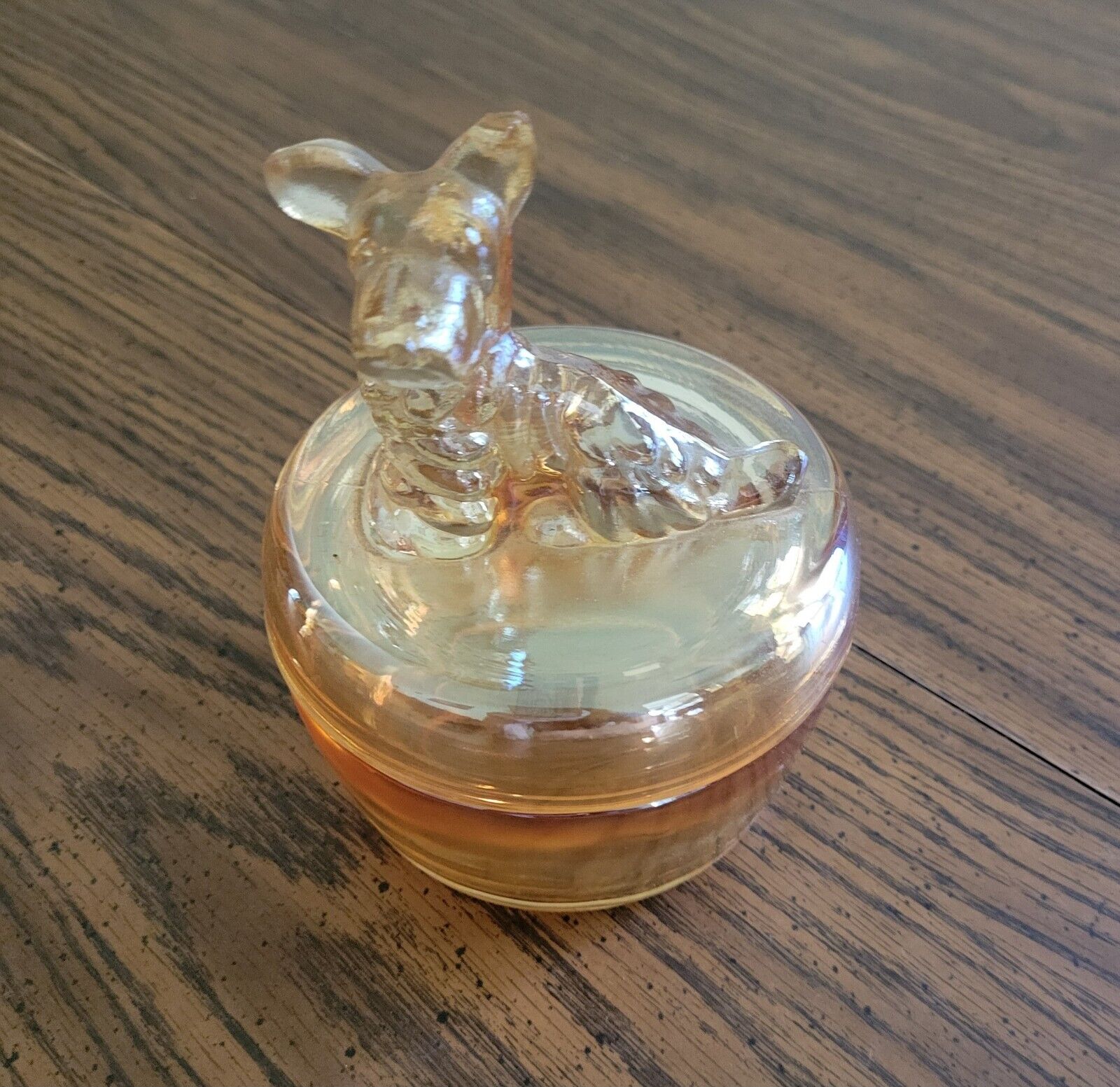 Vintage Scottie Dog Powder Jar Lidded Trinket Dish Orange Iridescent Glass 