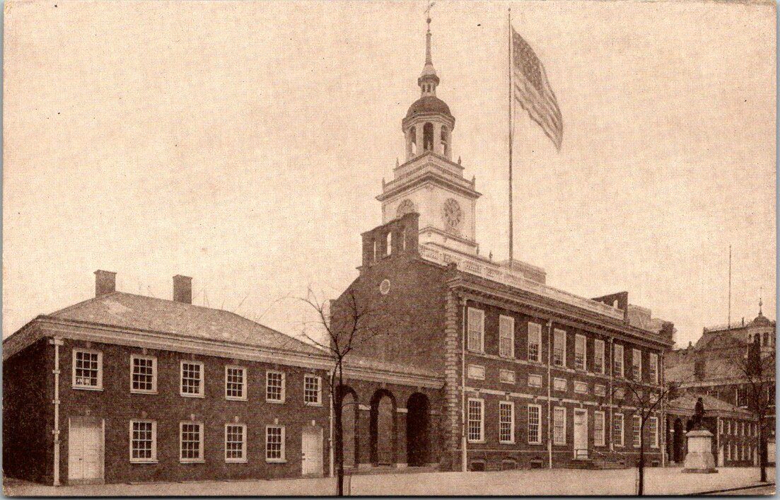 Philadelphia Penn Independence Hall Clock Tower Flag Washington Statue Postcard