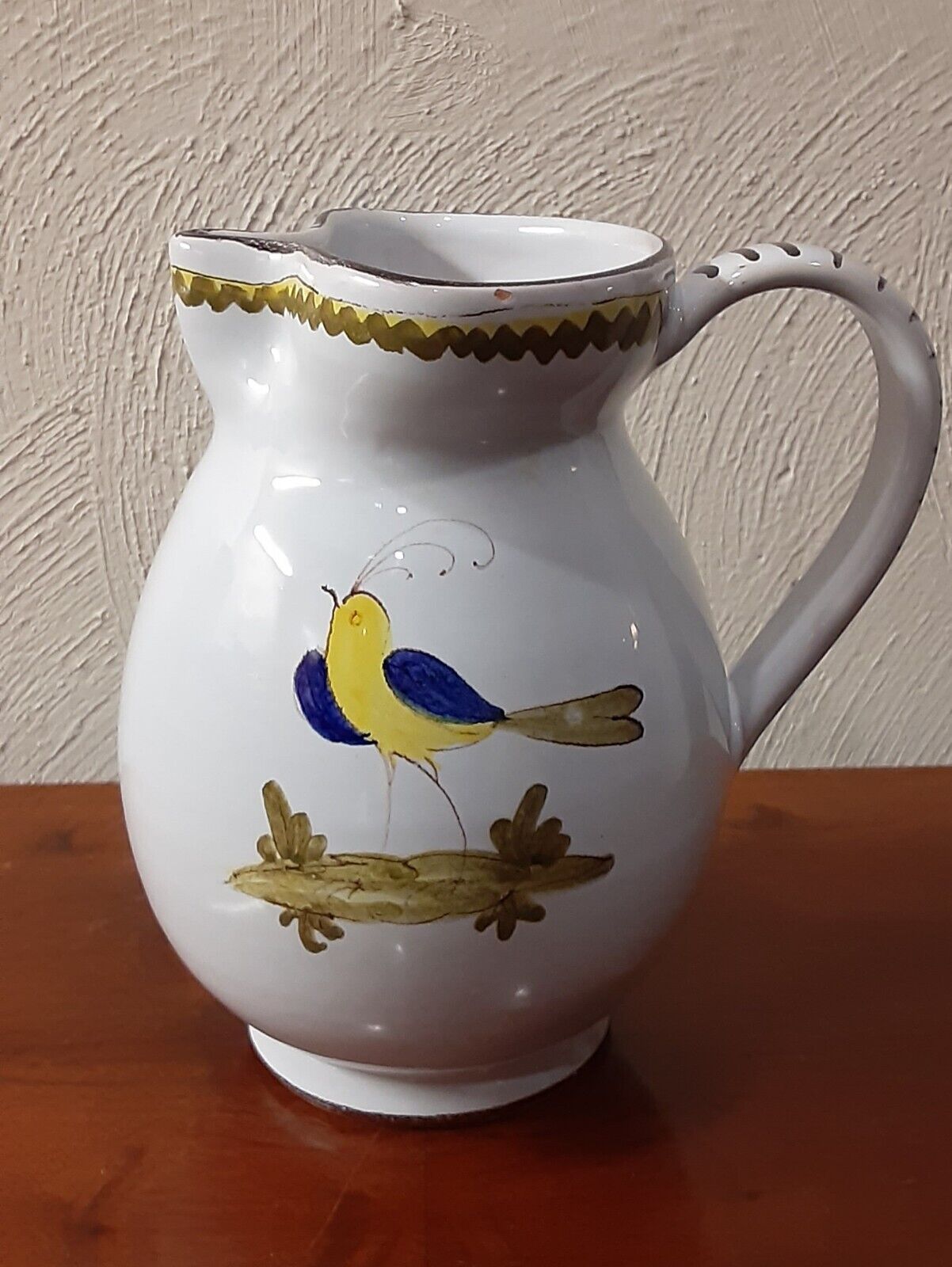 Vintage Italian Hand Painted Pottery Pitcher, Yellow Bird, Farmhouse