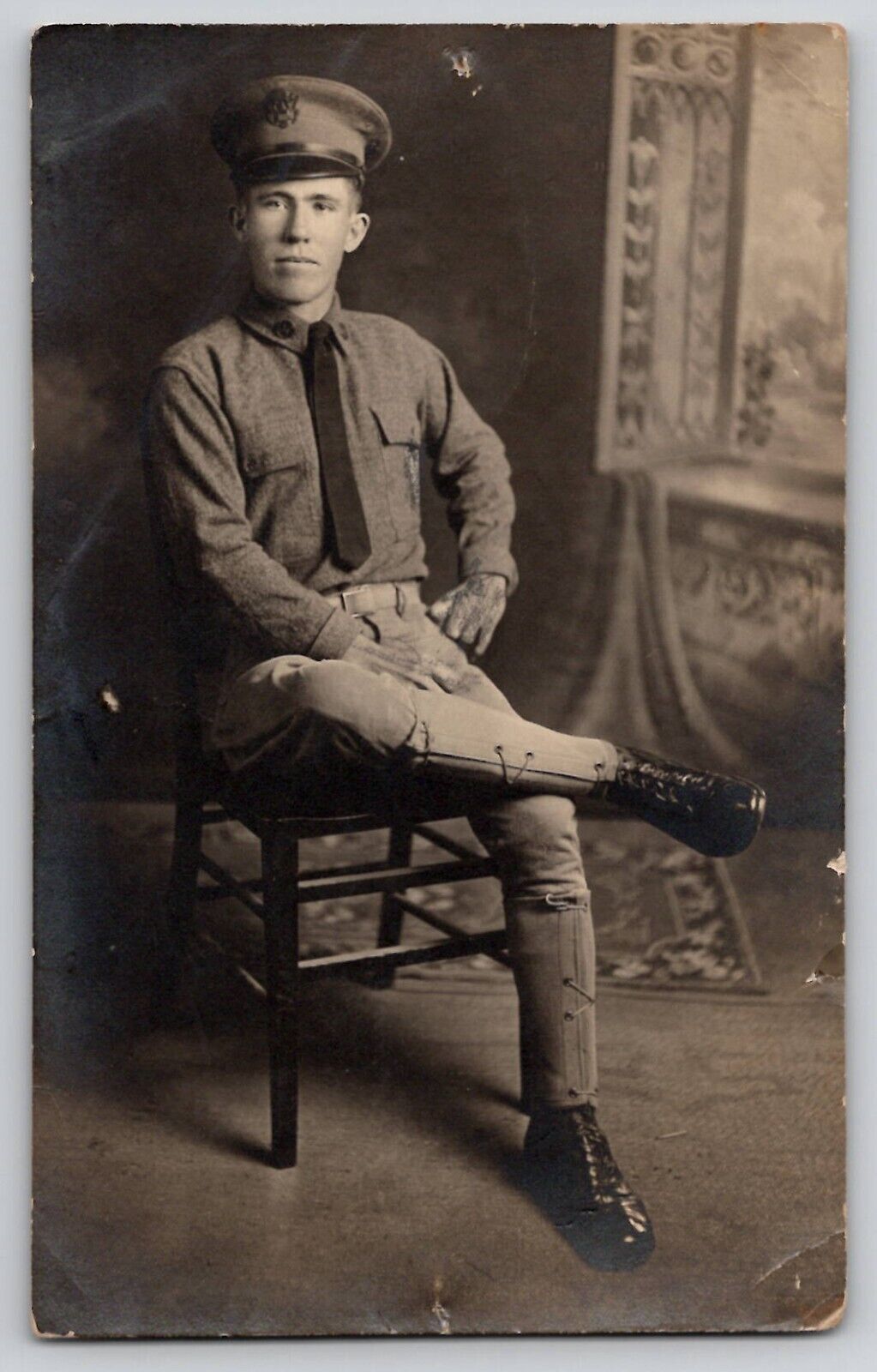WW1 WWI Era US Army Soldier Studio Portrait RPPC Real Photo Postcard c1910\'s