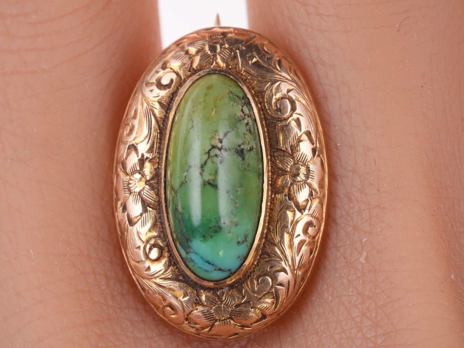 Antique Engraved 14k gold Turquoise pin