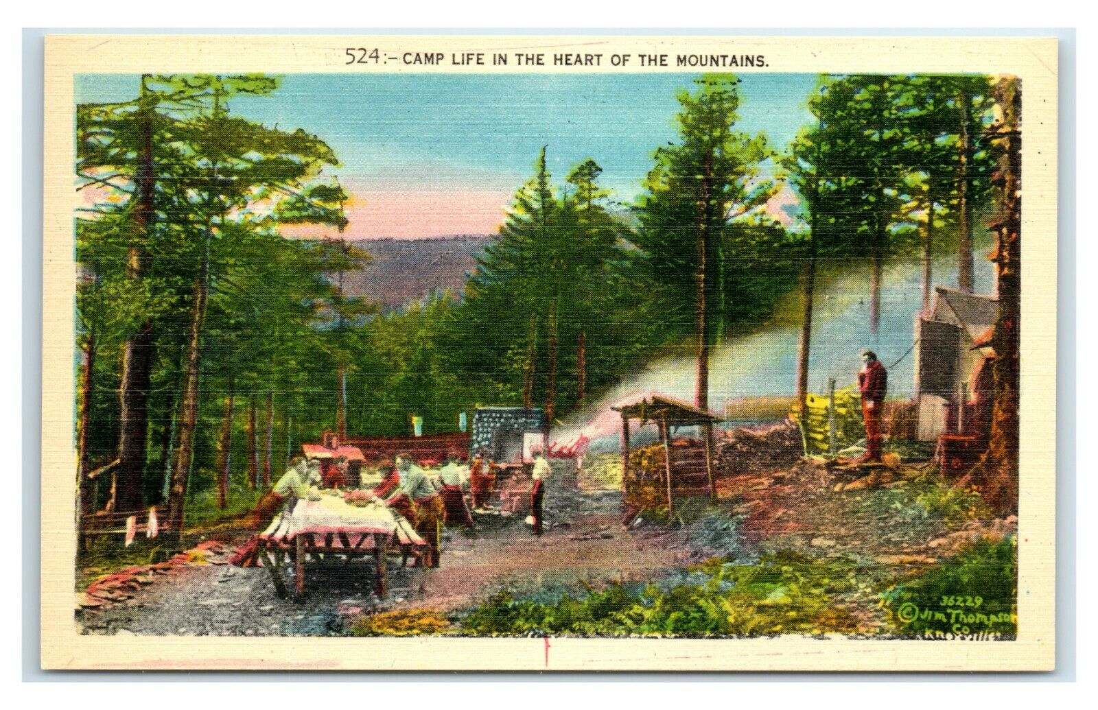 Postcard Camp Life in the Heart of the Mountains linen X1