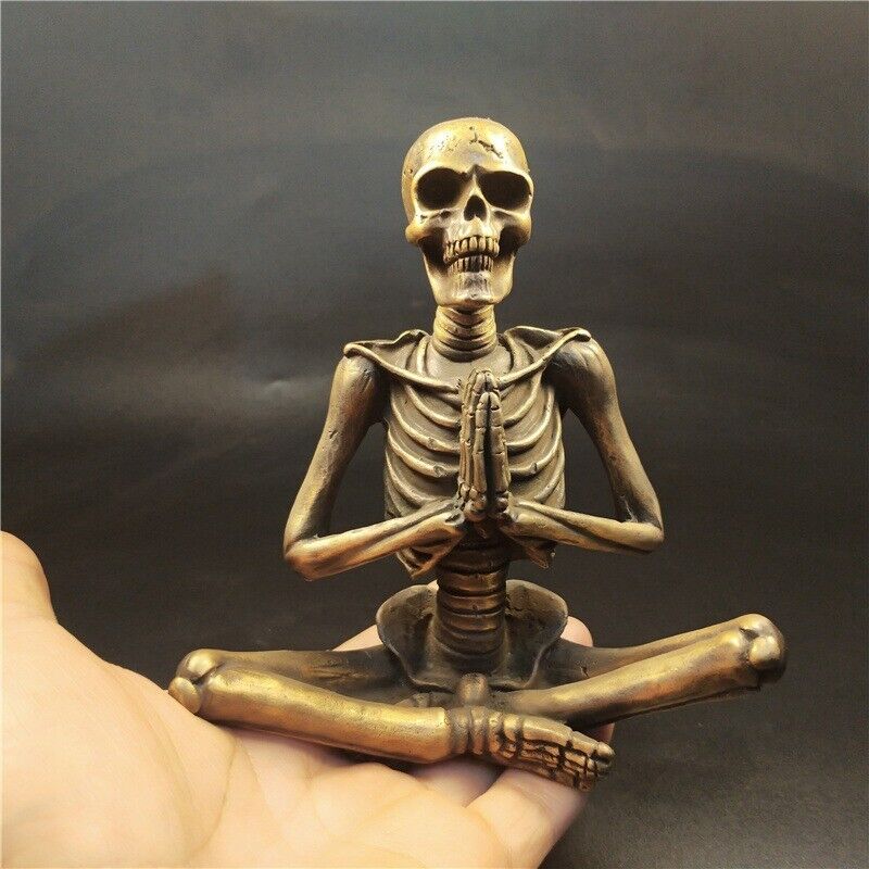 Pure Brass Skeleton Skull Yoga Figurine Punk Hip Hop Meditation Statue Gift Toy