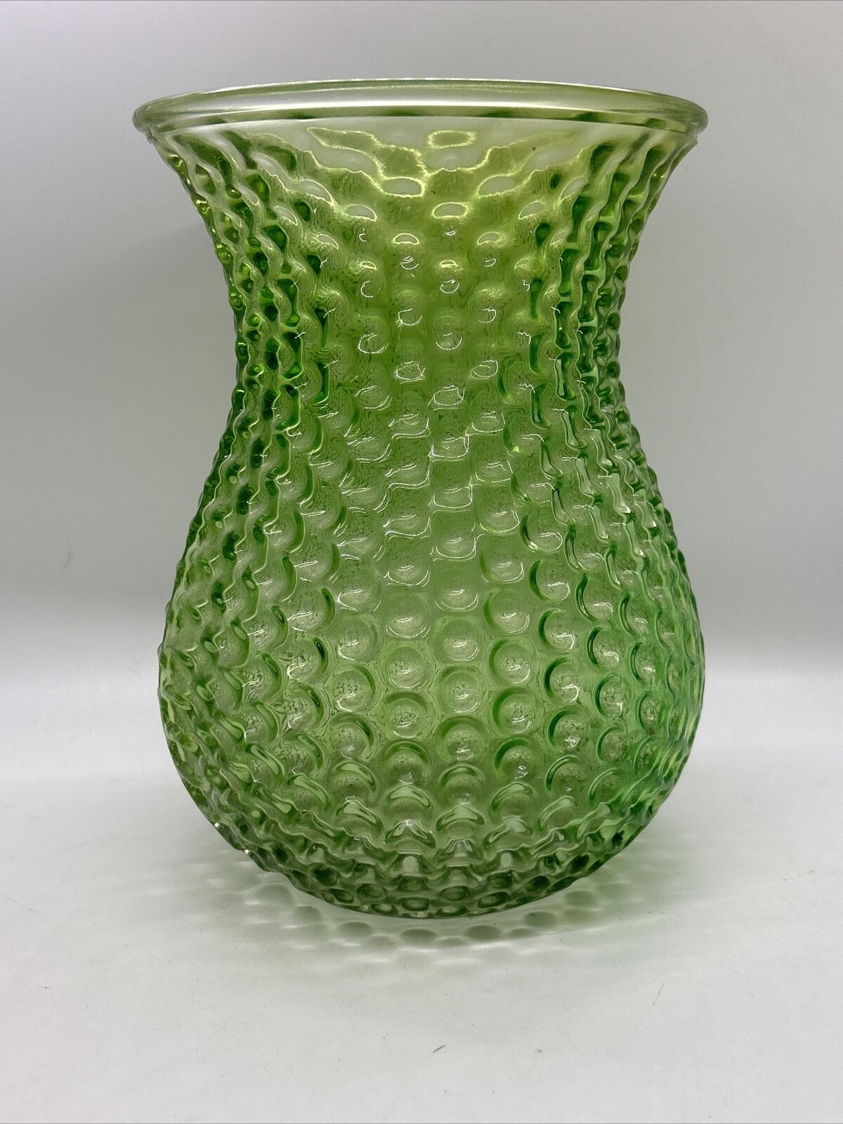 Green Vintage Glass Hoosier Tall Vase Dimple Circle Patterns 7.5”