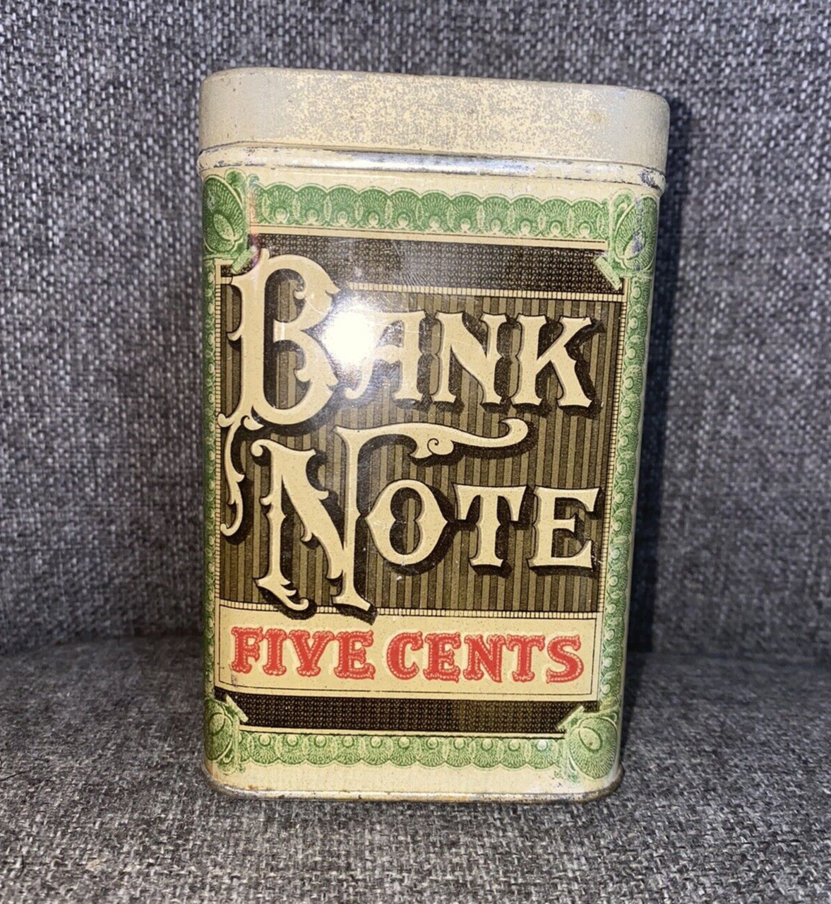 RARE 1920s Bank Note Cigars 5 cents Tin (Empty) - Vintage Antique Tobacco