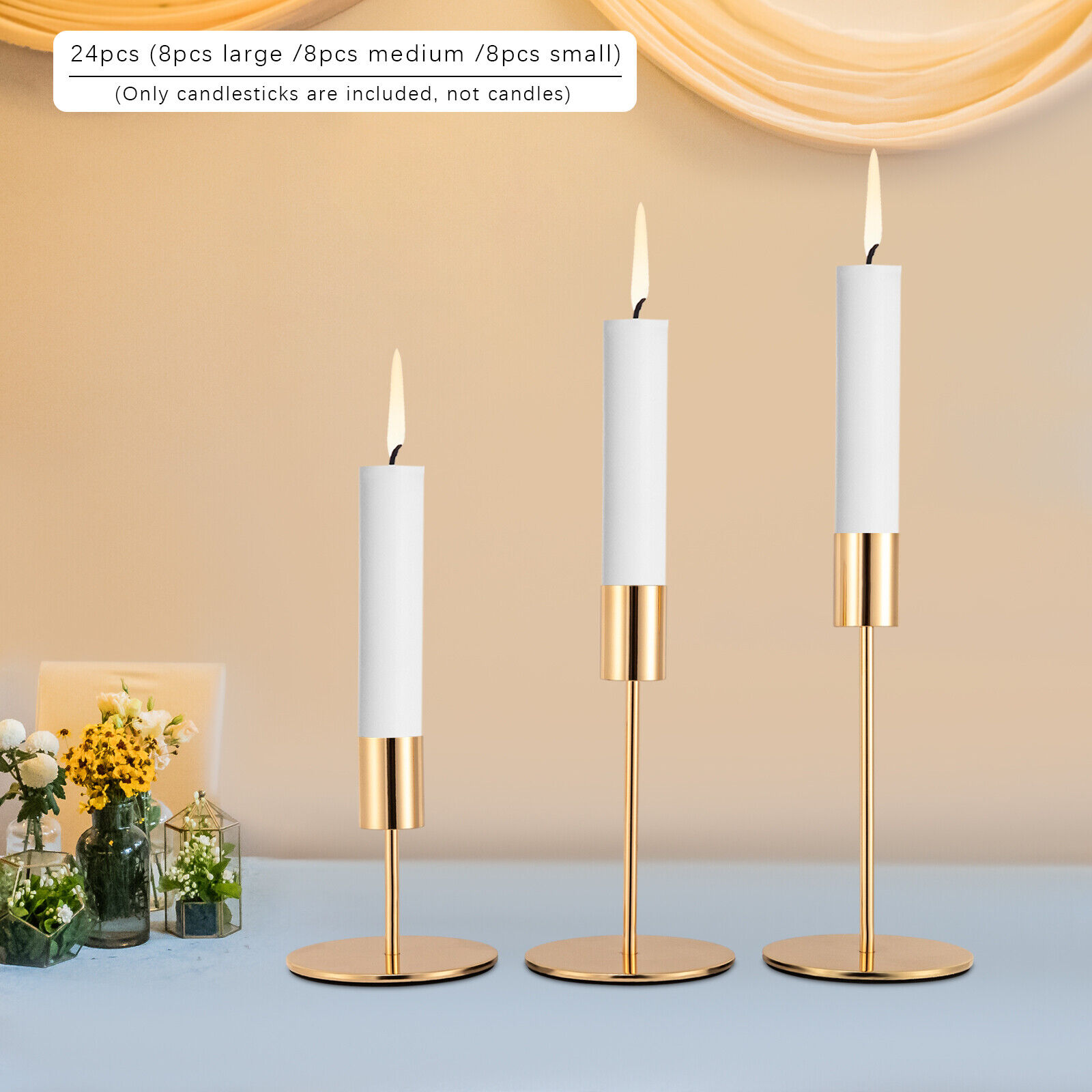 Set of 24 - Tabletop Candlestick Candle Holder Metal, Gold - Large/Medium/Small