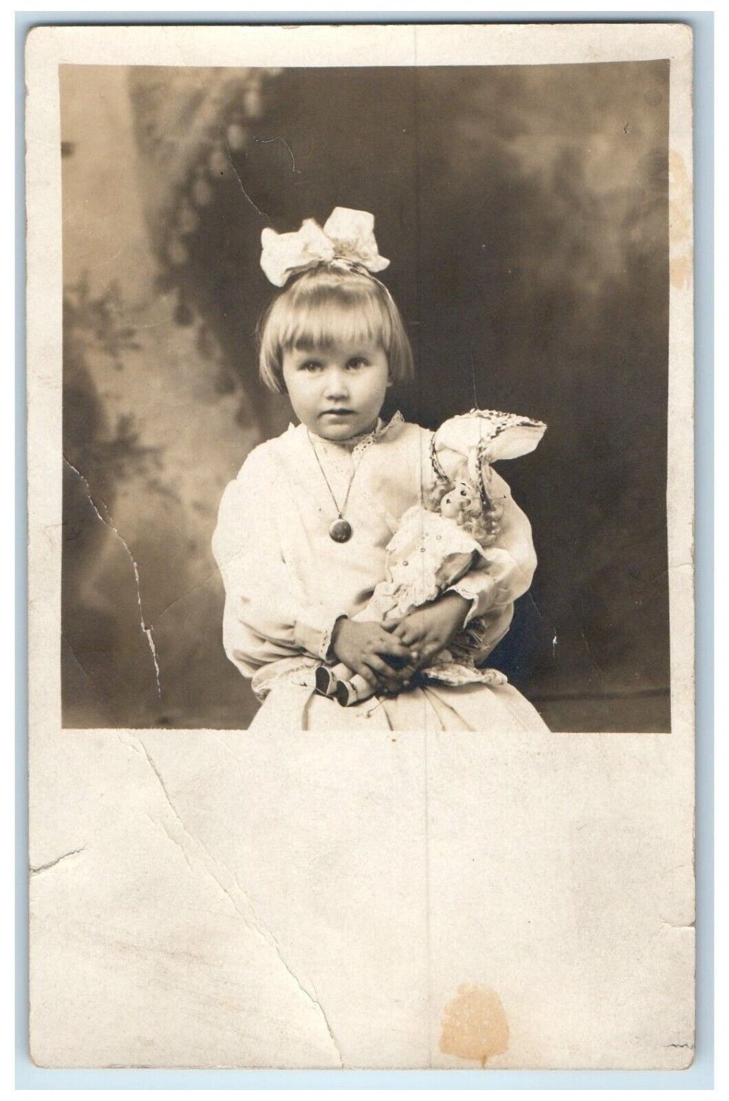 c1910's Cute Little Girl With Doll Studio Portrait RPPC Photo Antique Postcard
