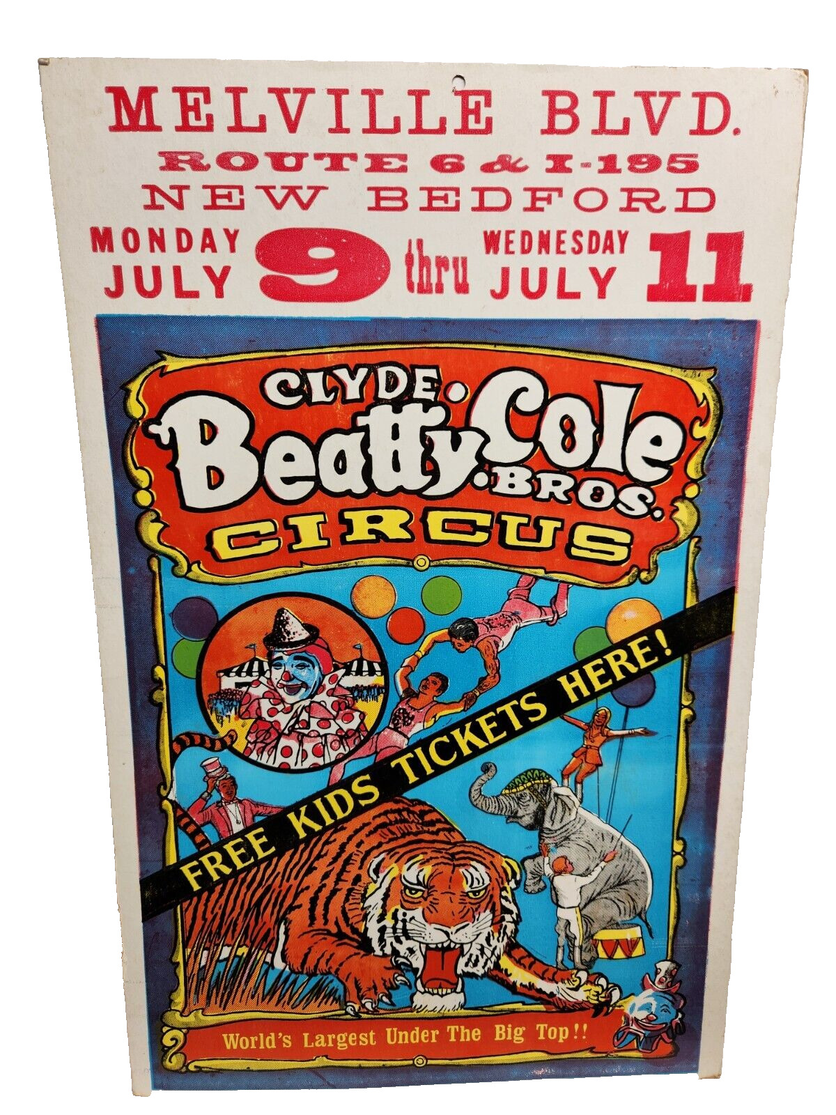 Clyde Beatty * Cole Bros. Circus Poster - New Bedford - Clowns - Tigers -Big Top