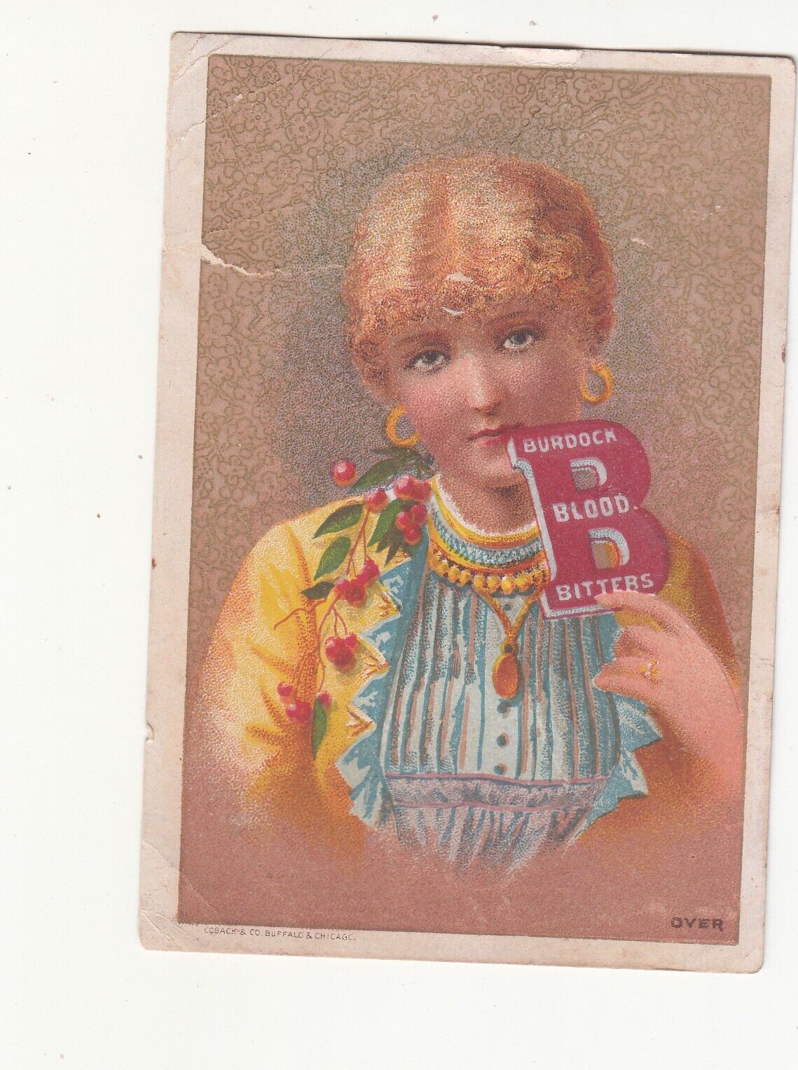 Burdock Blood Bitters Girl in Blue & Gold Brown & Dawson Syracuse NY Card c1880s