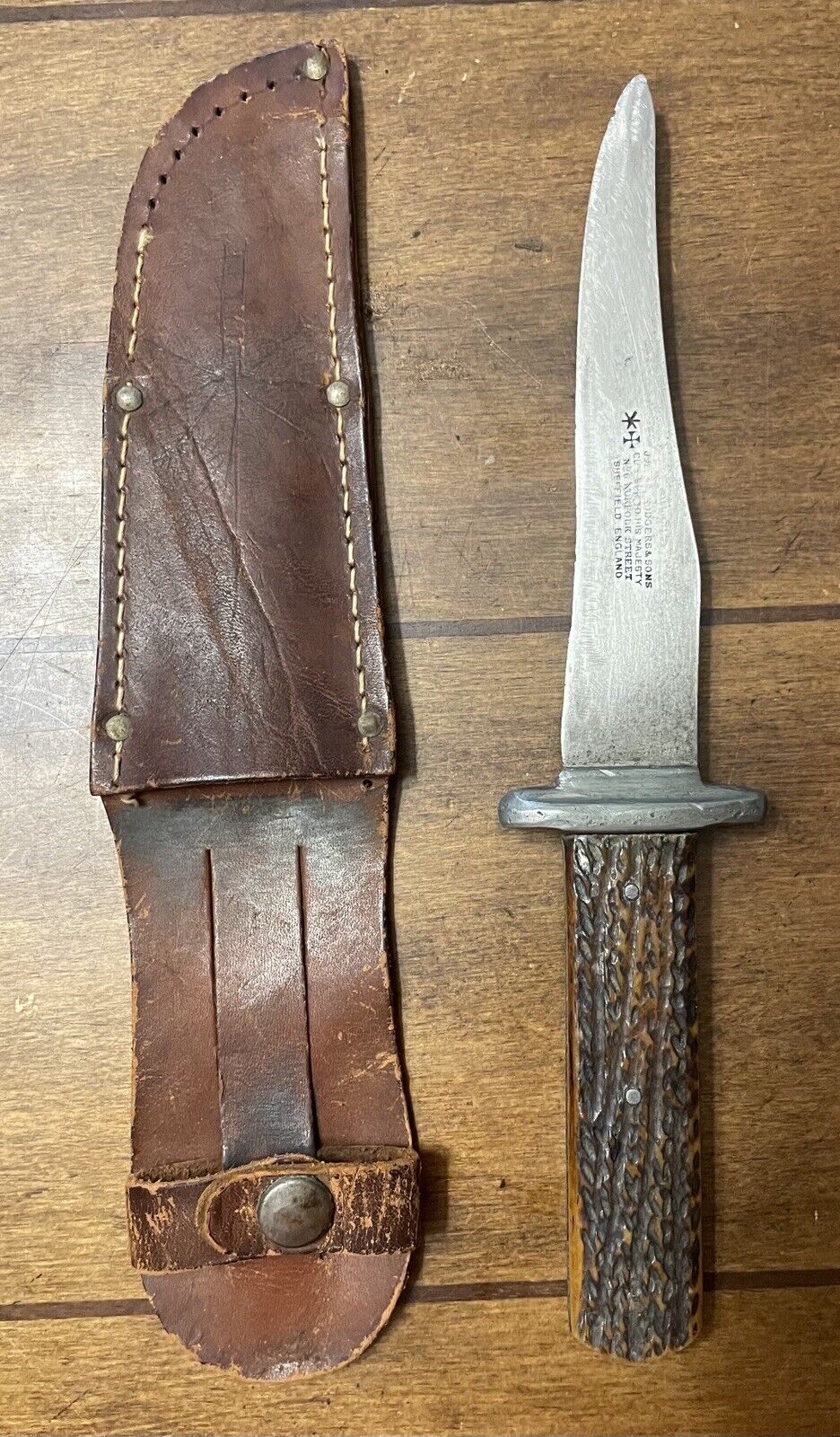 Rare Antique Joseph Rogers Sheffield Dagger Knife Stag Horn Handle W/Sheath