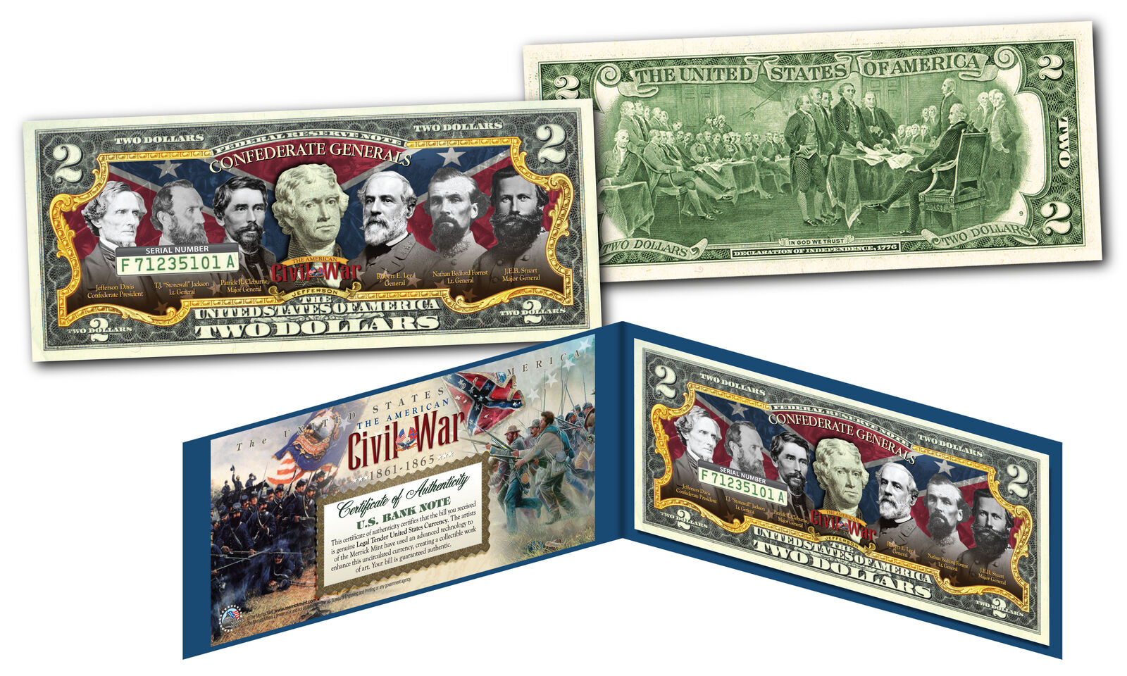 CONFEDERATE GENERALS of the American Civil War Genuine Legal Tender U.S. $2 Bill