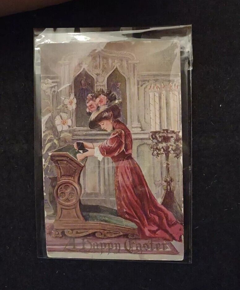 1900s Happy Easter Embossed Post Card Victorian Woman Lighting Candle in Church