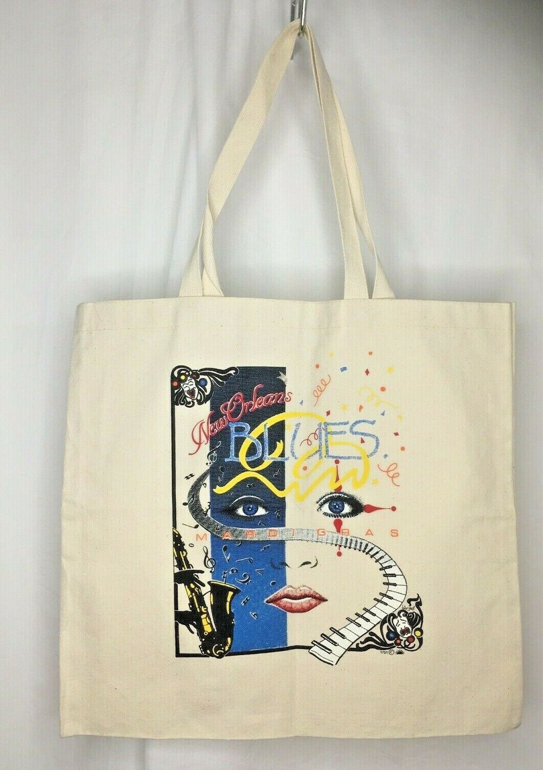Vintage 90s Mardi Gras Orleans Blues Canvas Tote Shoppers Reusable Bag Souvenir