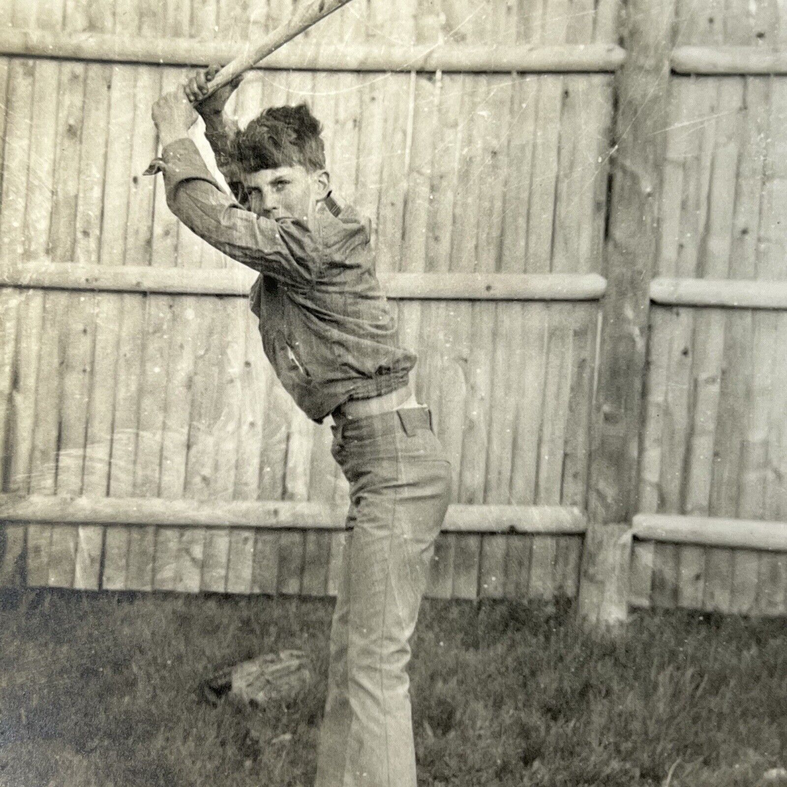 Vintage B&W Snapshot Photograph Boy In Batting Stance Baseball ID Lumpkin