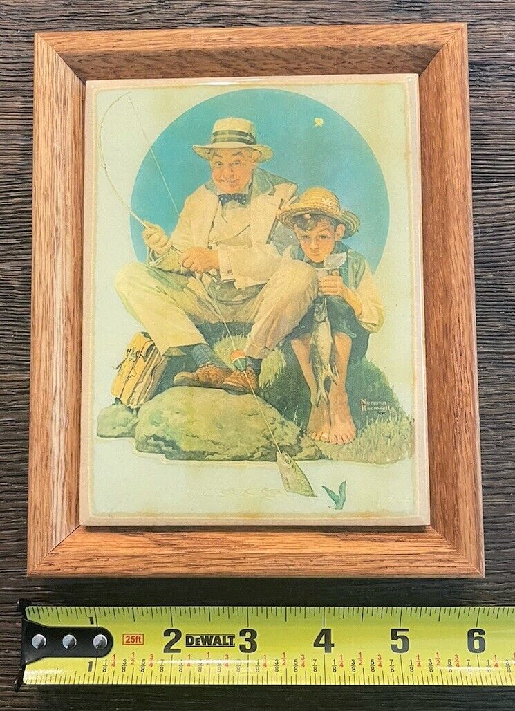 Vintage Norman Rockwell Framed 8x6 Art Print Tile “Catching The Big One”