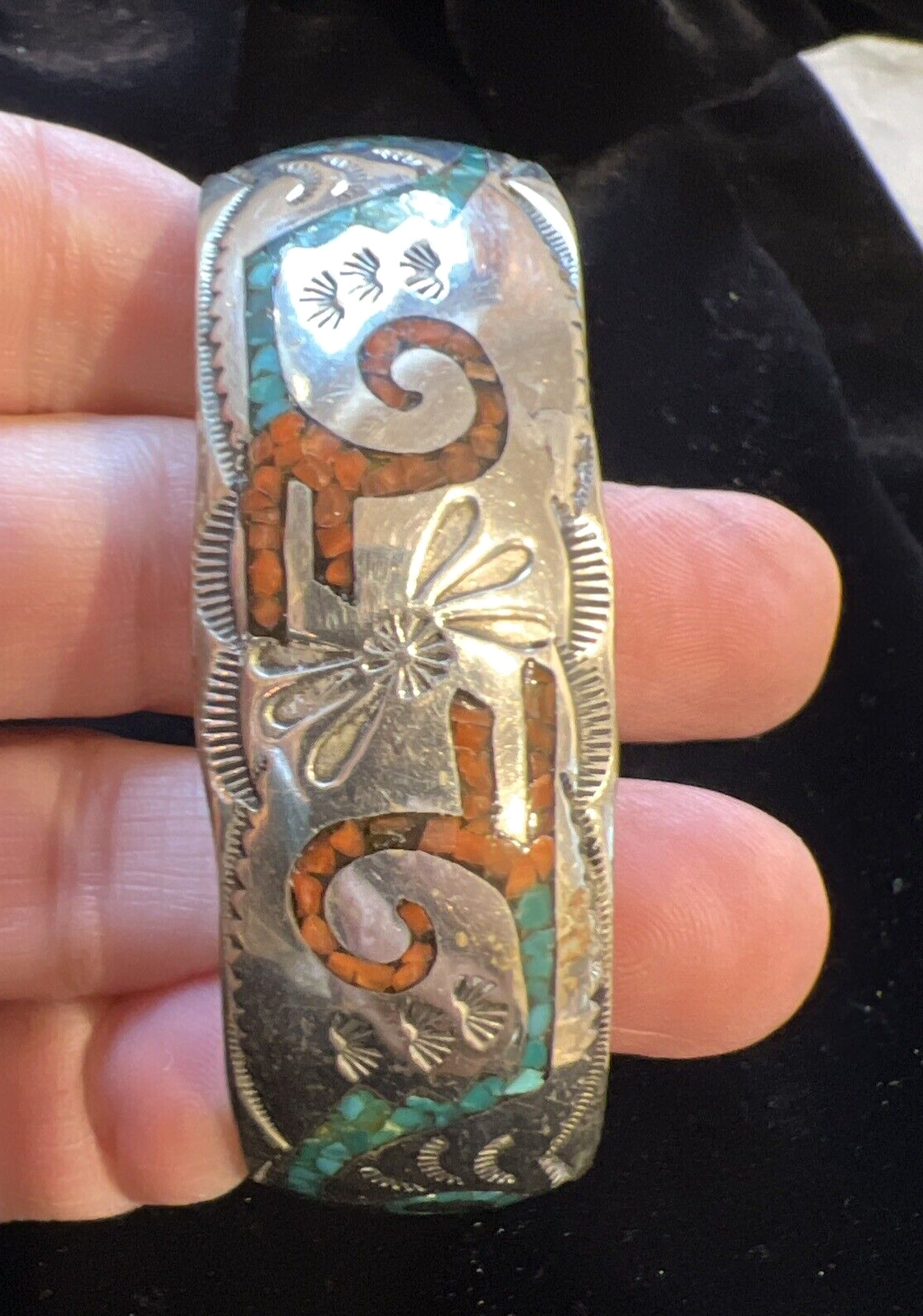 Signed vintage BEGAY Turquoise Coral Silver Cuff Bracelet