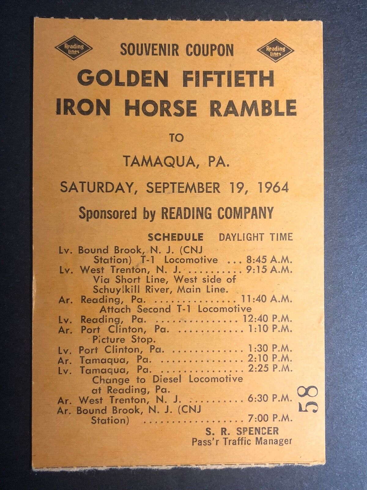 1964 Reading Co\'s Iron Horse Ramble Tamaqua, PA Railroad Coupon / Ticket Stub