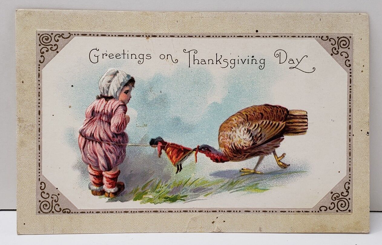 Thanksgiving Greeting Turkey Taking Girls Doll Embossed Postcard B11