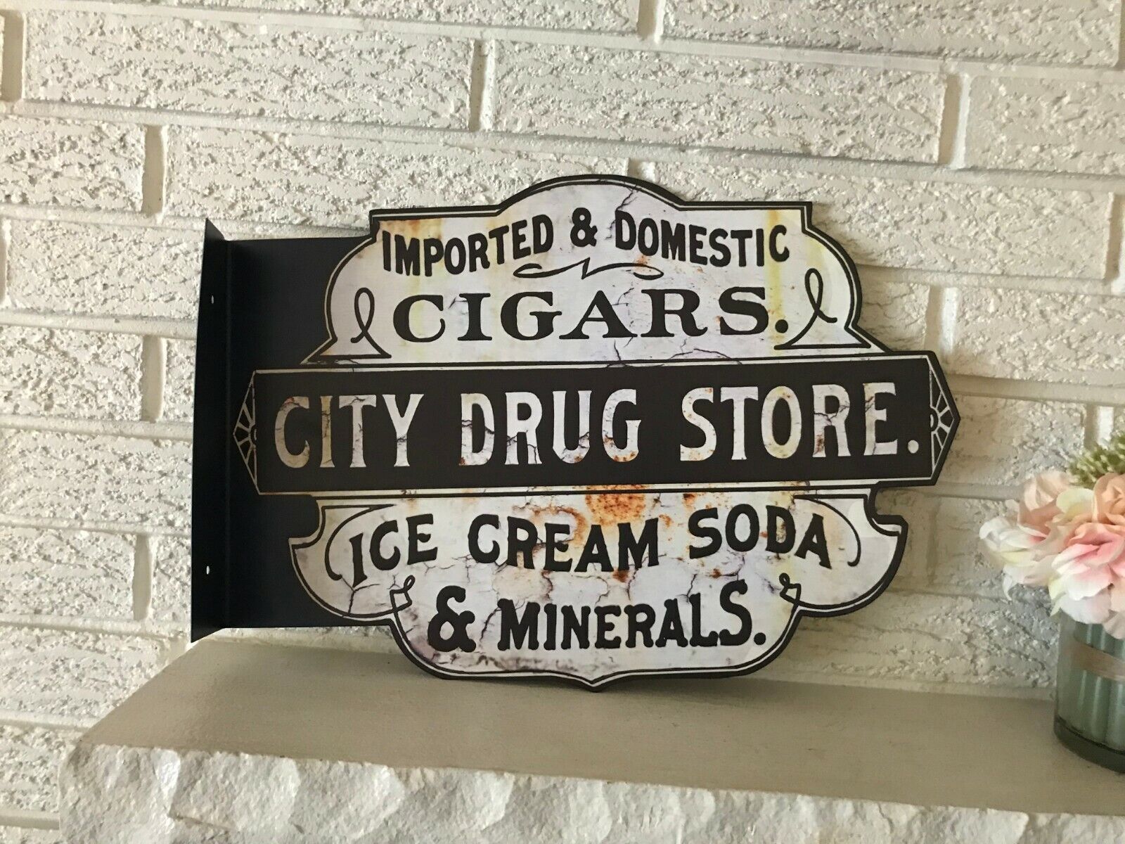Antiqued Old City Drug Store Double Sided Flanged Country Steel Sign 13.2 x 20