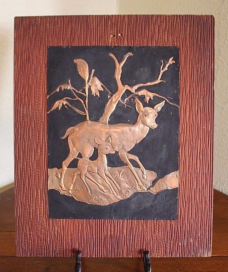 PRustic Vtg Tooled Copper Picture on Wood Arts Crafts Western Ranch Deer Picture