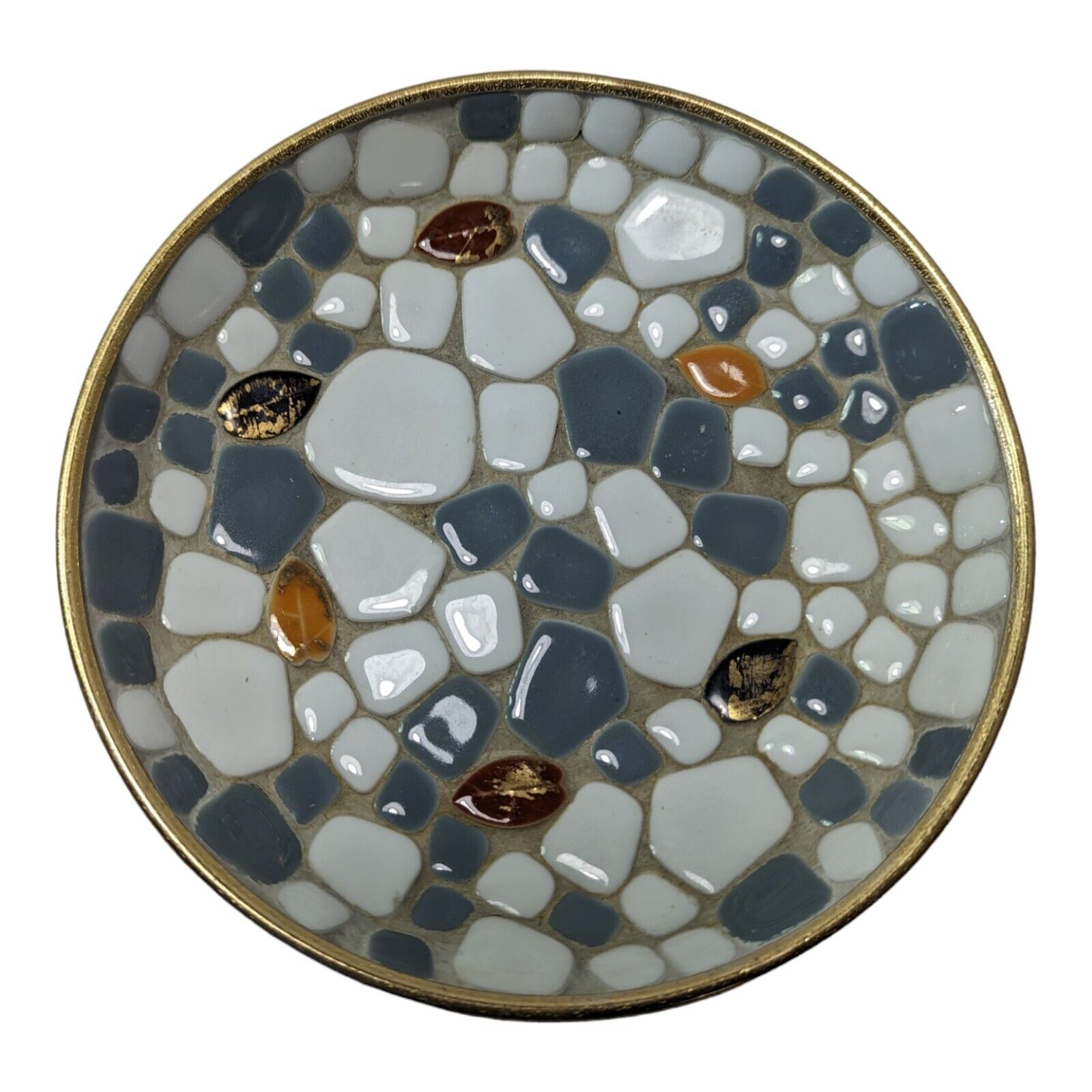 VTG MCM Mosaic Pebble Bowl Ceramic Tiles Textured Gold Trinket Dish Mosaic Japan