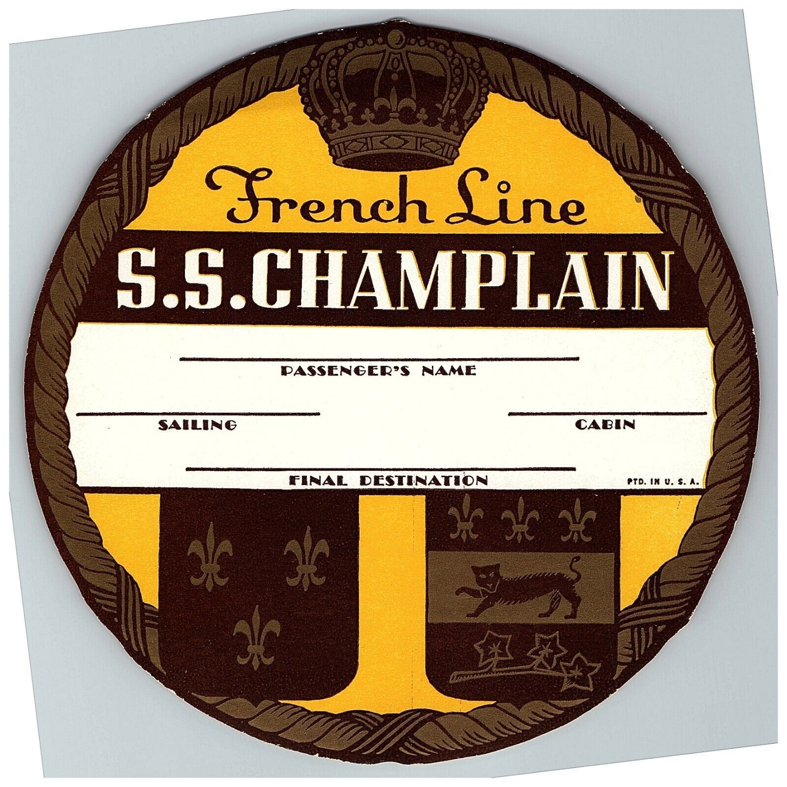 1930s S S Champlain French Line Luggage Label Sticker Ocean Liner Ship
