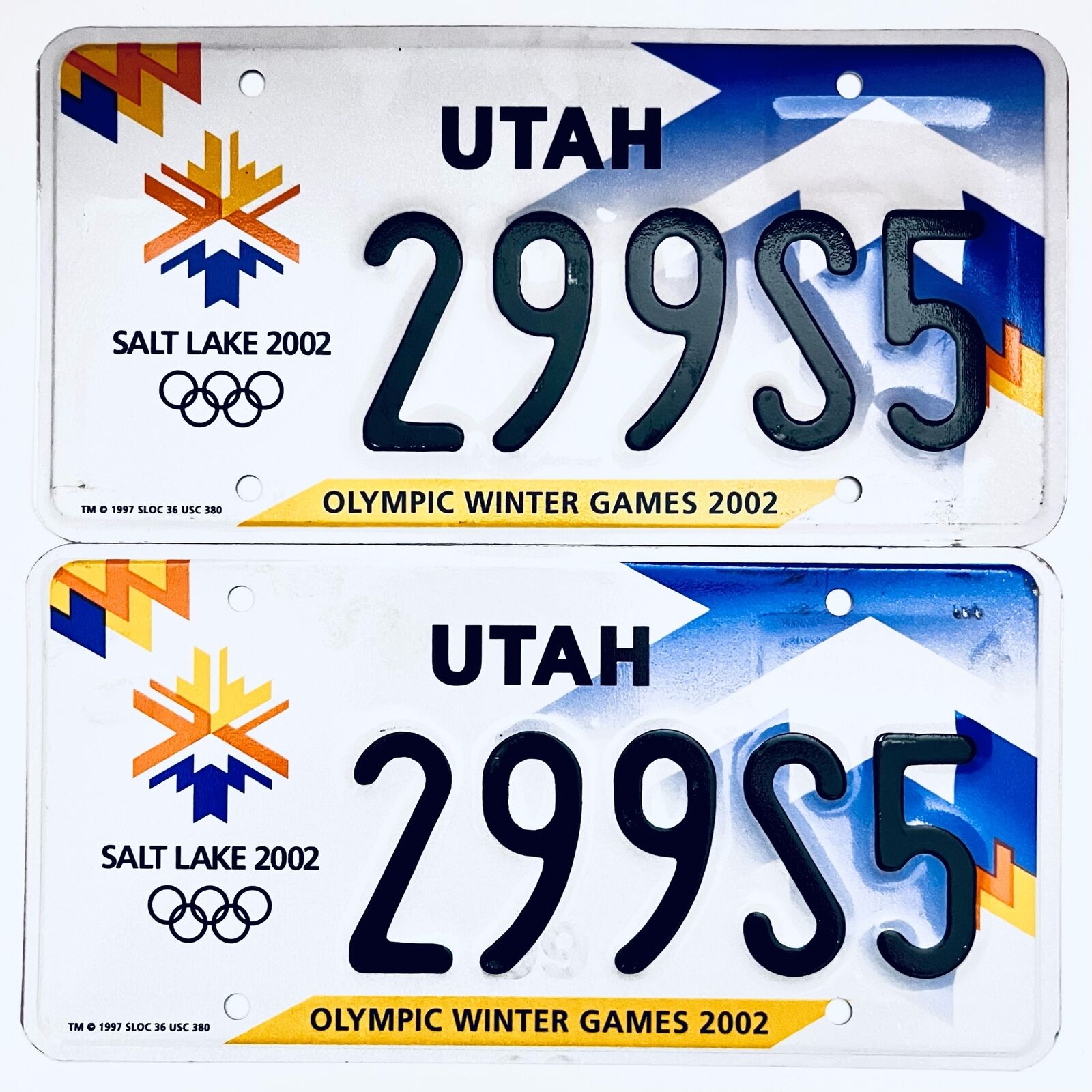 2002 United States Utah Olympic Winter Games Passenger License Plate 299S5