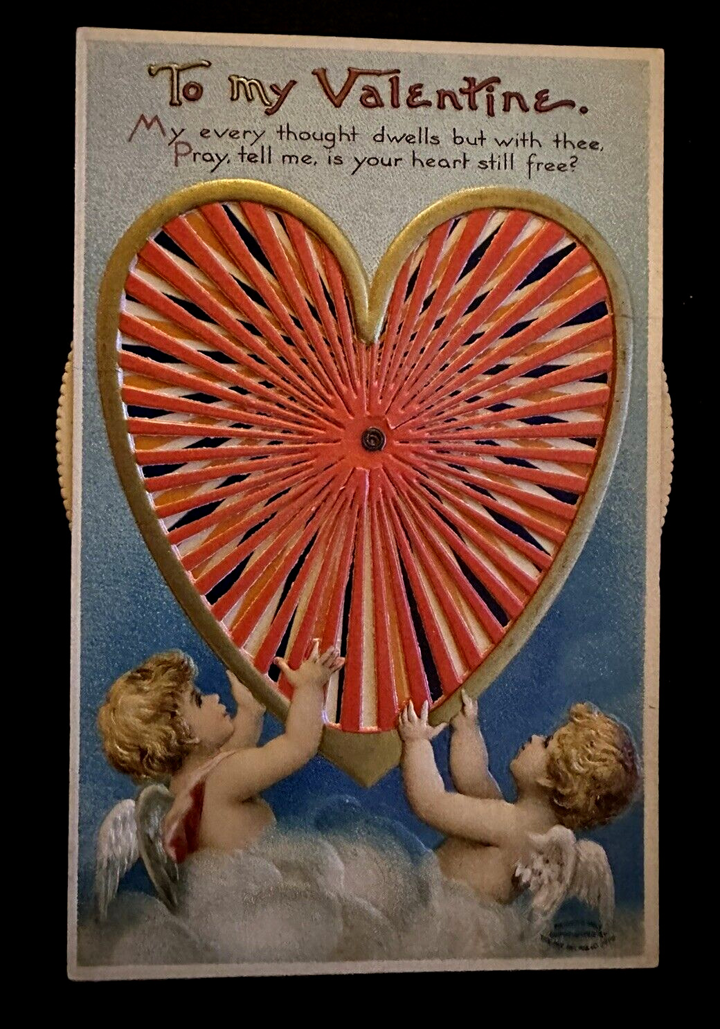 Clapsaddle~ Kaleidoscope Heart~Spinner Mechanical Valentine~Cupids~Postcard~h721
