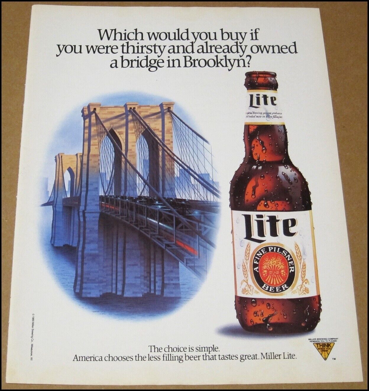 1989 Miller Lite Print Ad Beer Advertisement Vintage Brooklyn Bridge New York