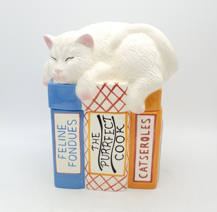 Vintage Cottagecore “Catnap Cookbooks” Cookie Jar Cat Kitten By Clay Arts 1997