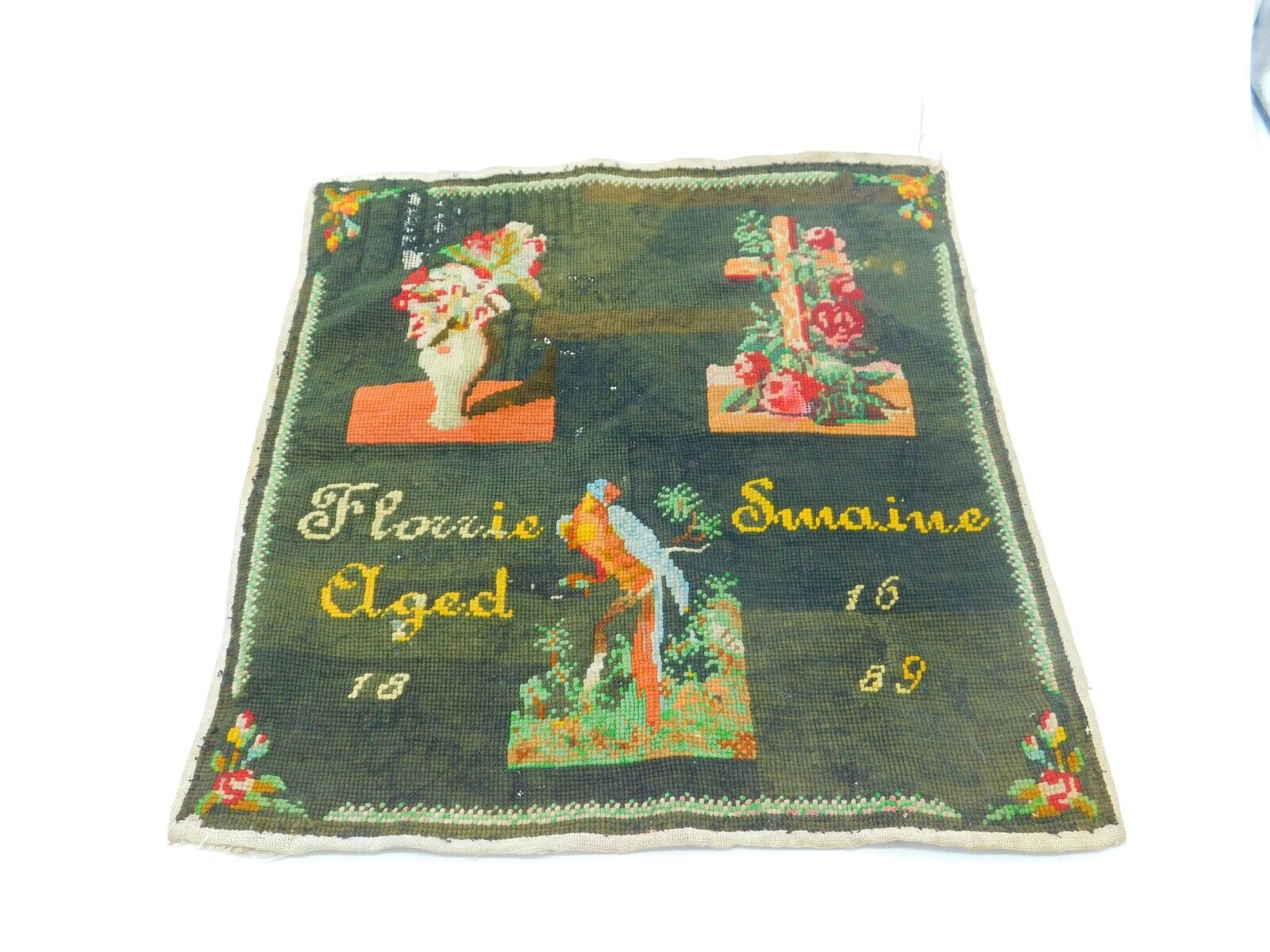 Victorian Needlework Wool Samper \'Florrie Swaine Aged 16 1889\' Antique