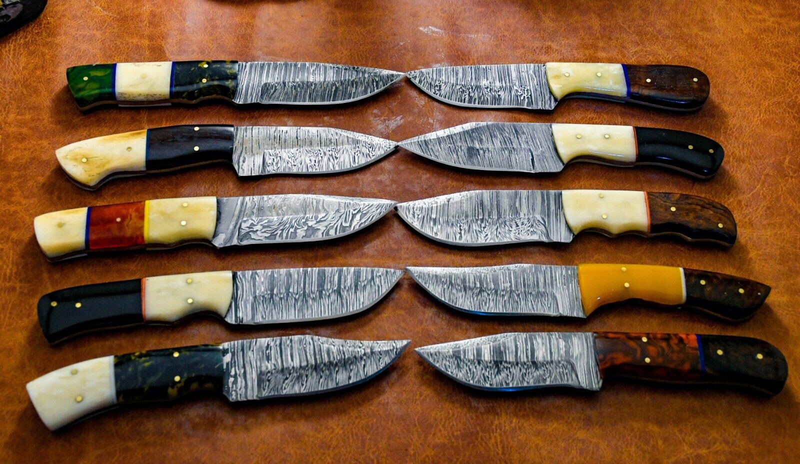 Lot Of 10 Damascus Steel Hunting Knife 8\'\' With Leather Sheath 2051