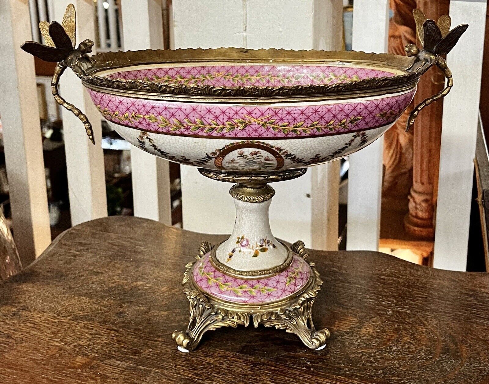 Wong Lee Pink Porcelain & Bronze Dragonfly Pedestal Centerpiece Bowl