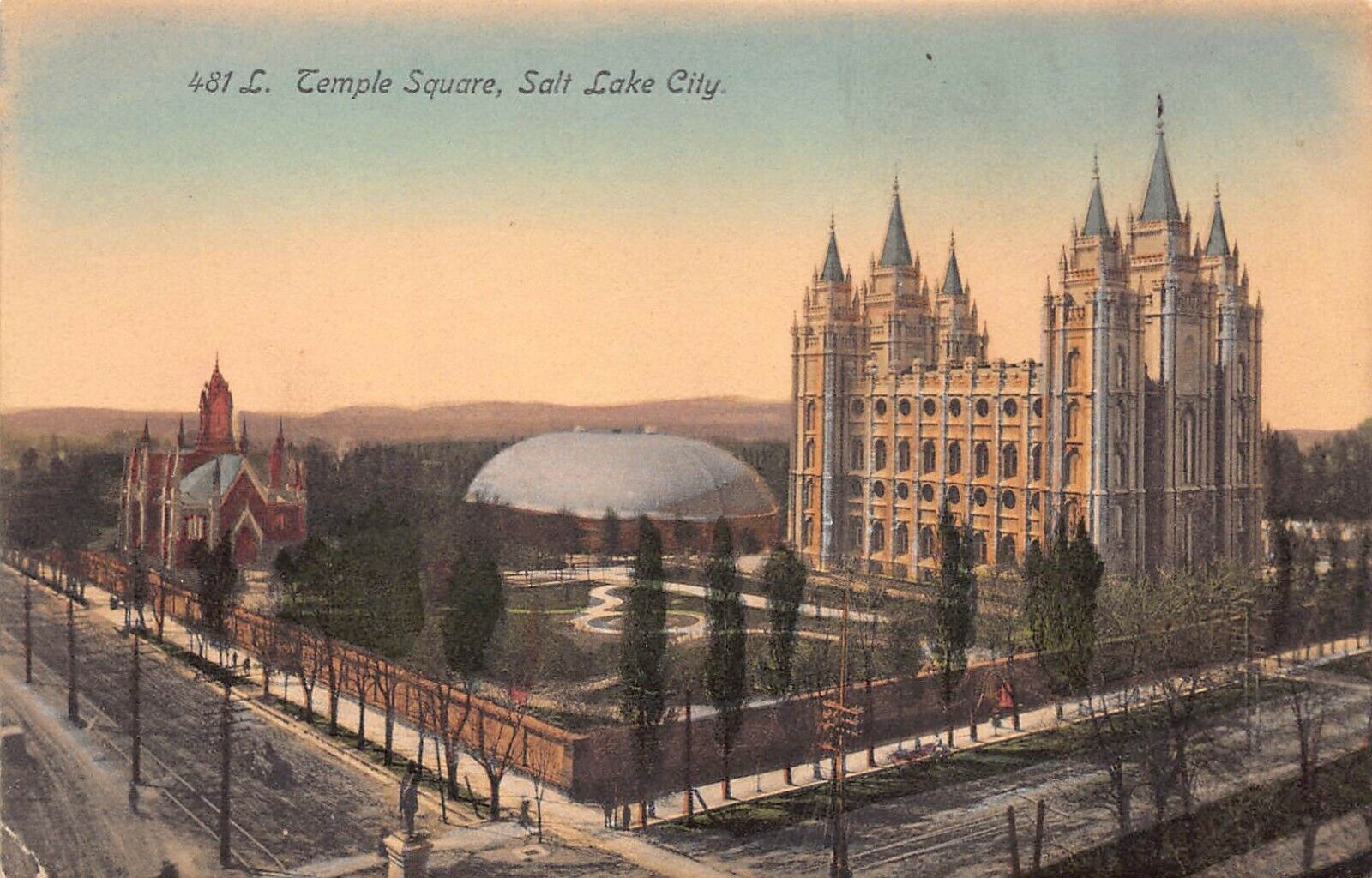 Temple Square, Salt Lake City, Early Hand Colored Postcard, Unused