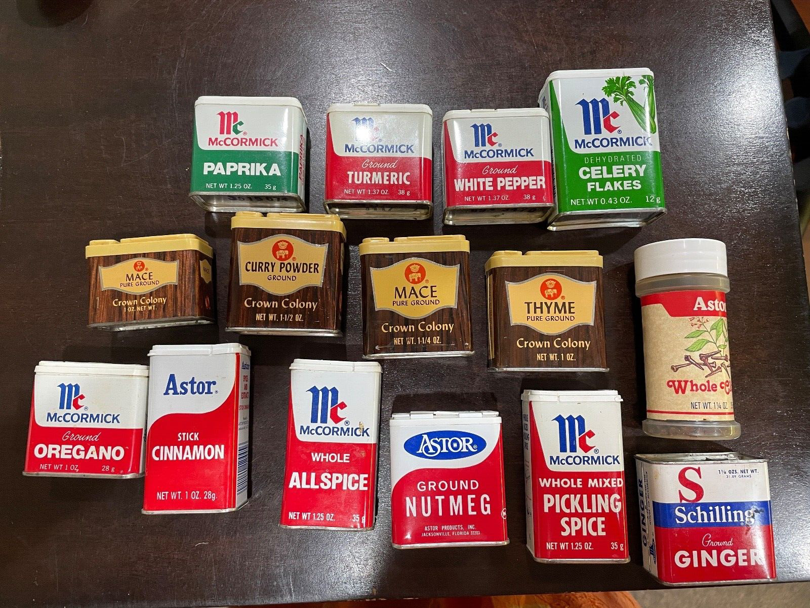 Lot of 15 Assorted Vintage SPICE TINS: McCormick, Astor, Schilling, Crown Colony