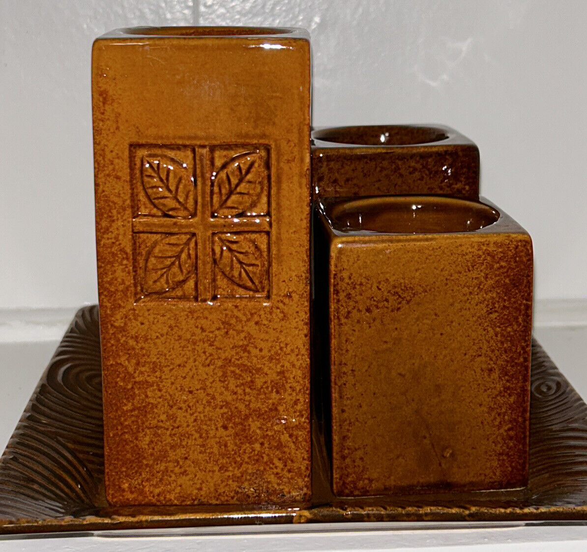 4 Piece Brown Ceramic Tea Light Votive Candle Holder Set w/Tray Vintage