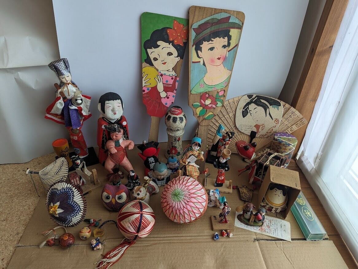Vintage Japanese HAGOITA Wooden Paddle Doll Temari Ball Folk Art Craft Antique