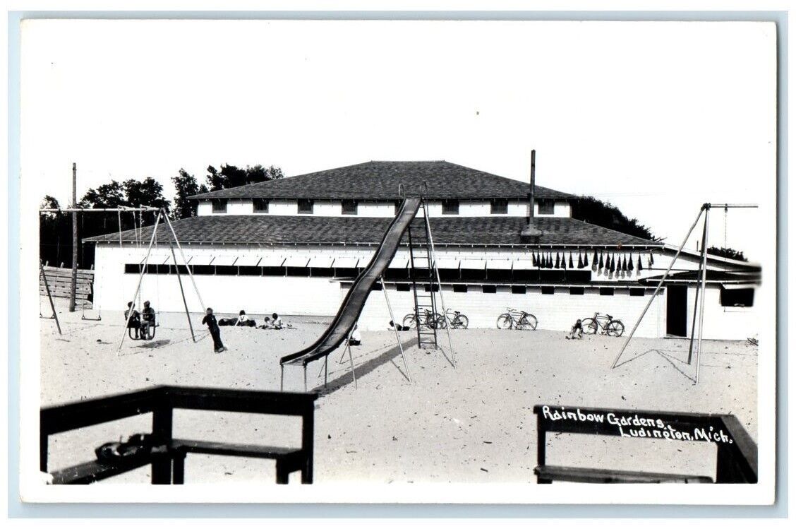 c1940's Rainbow Gardens Playground Slide Swing Ludington MI RPPC Photo Postcard