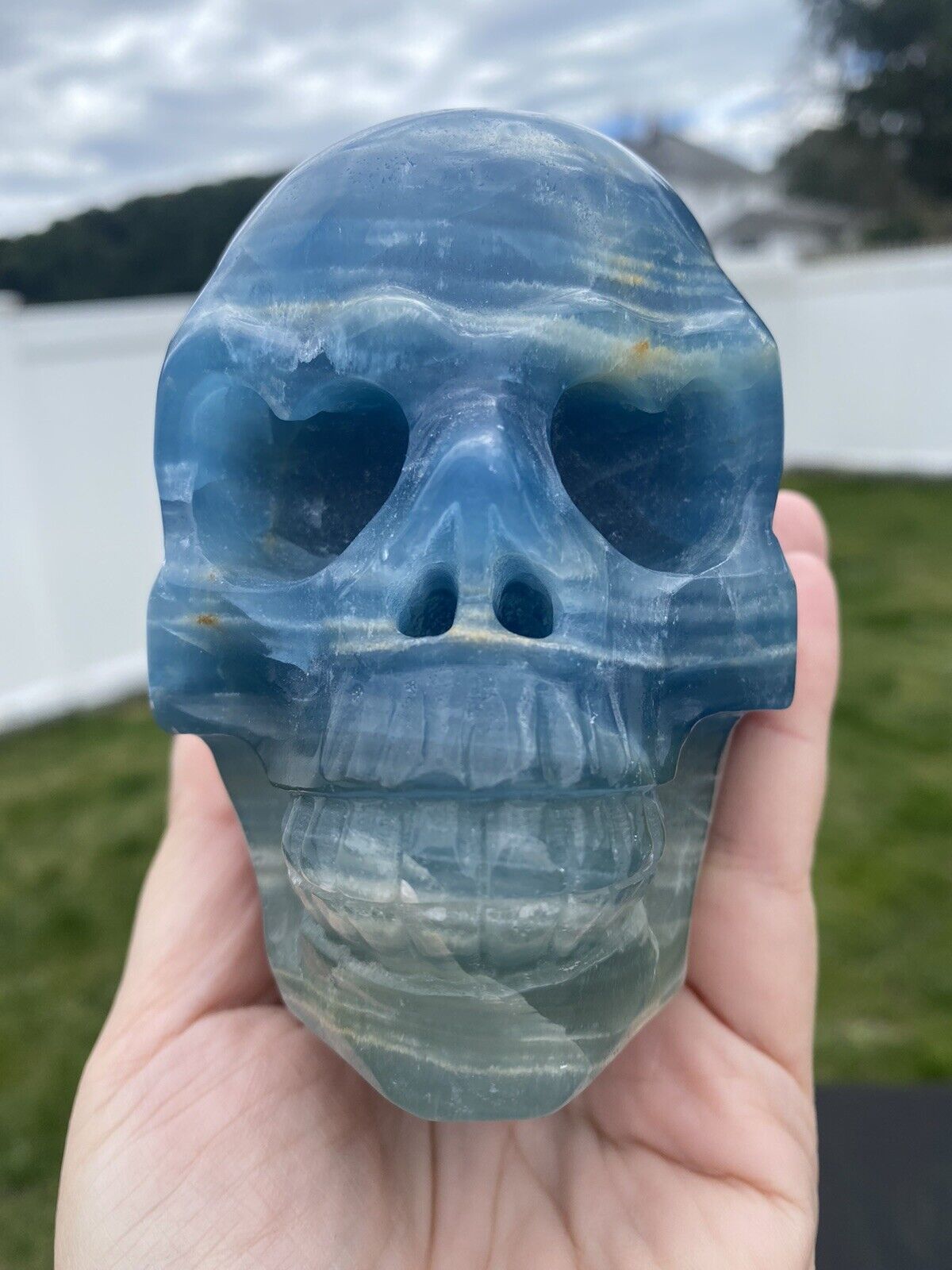 Incredible Quality Blue Onyx Lemurian Aquatine Calcite Heart Eyes Skull Crystal