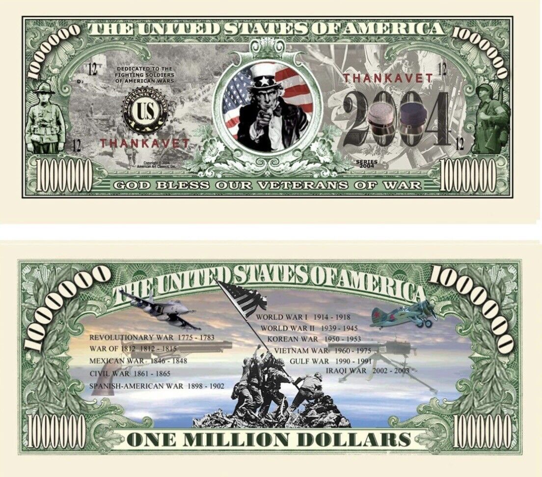 ✅ Pack of 25 Thank a War Veteran 1 Million Dollar Bill Commemorative Banknotes ✅