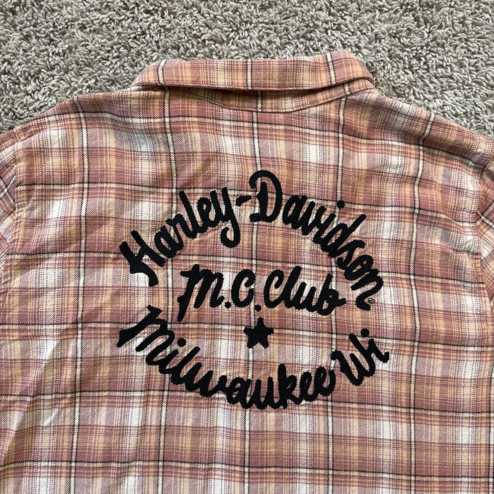 Harley Davidson Shirt Womens XL Pink Plaid LS Milwaukee MI M.C. Club Dbl Sided