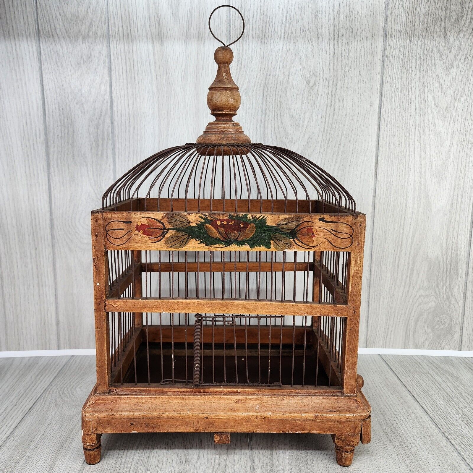 Vintage Victorian Style Birdcage 20x8x12 Wood Wire Dome Hanging Metal Slide Tray