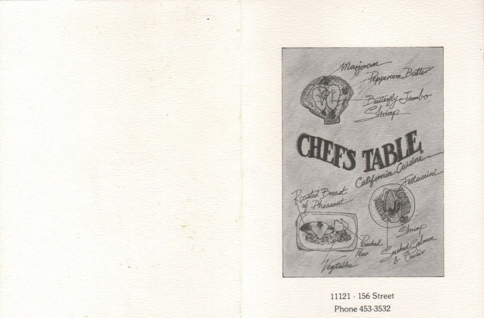 CHEF\'S TABLE Lunch Restaurant Menu Edmonton 1988