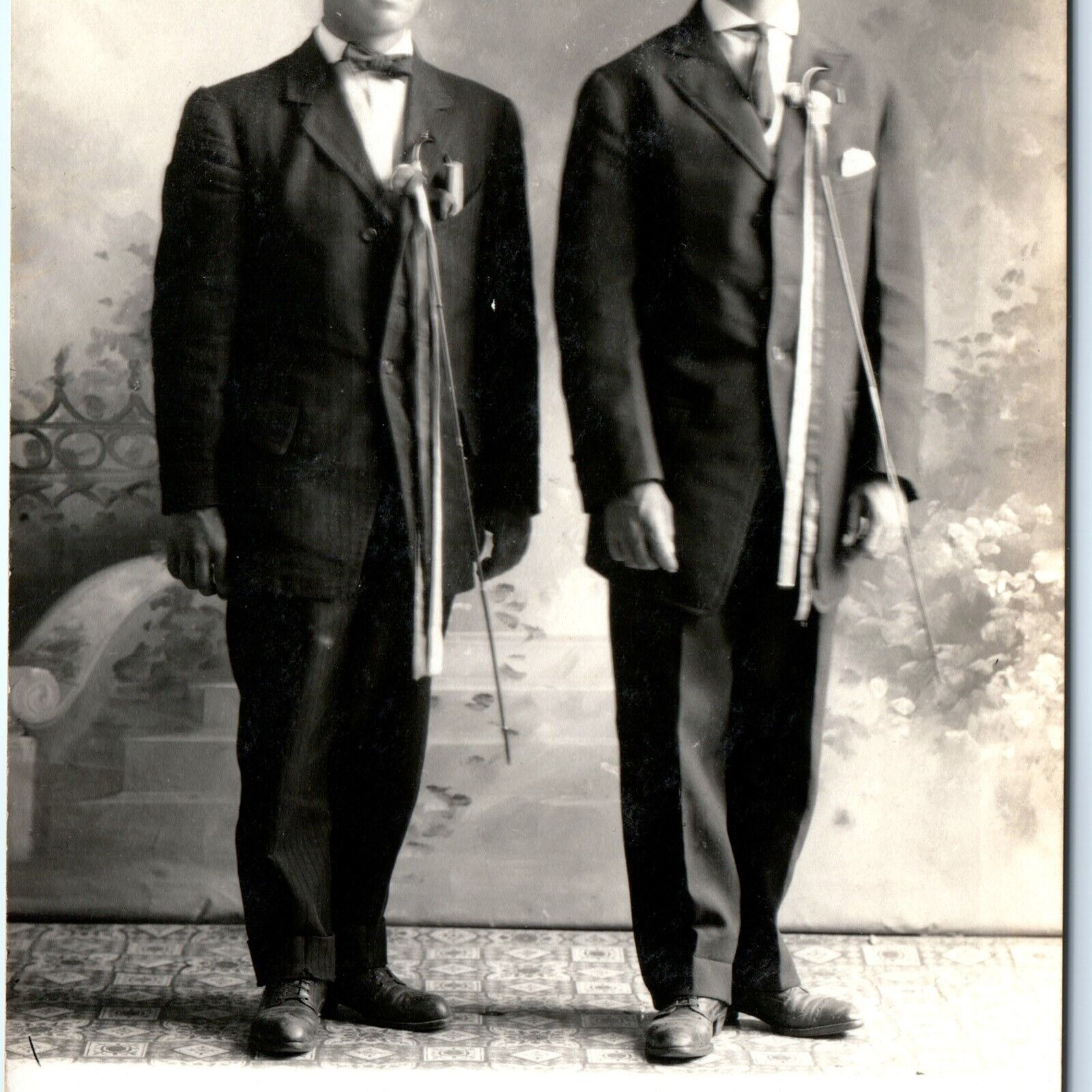 c1910s 2 Unknown Dapper Young Men Portrait Real Photo Postcard Canes Ribbons A69