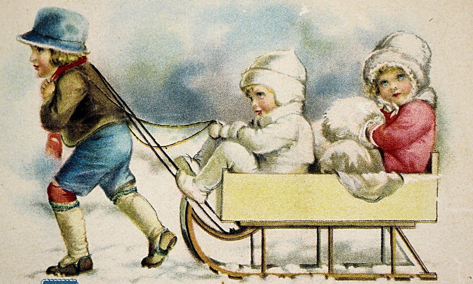 c.1910 Children and Sleigh Christmas Postcard Color Lithograph #90