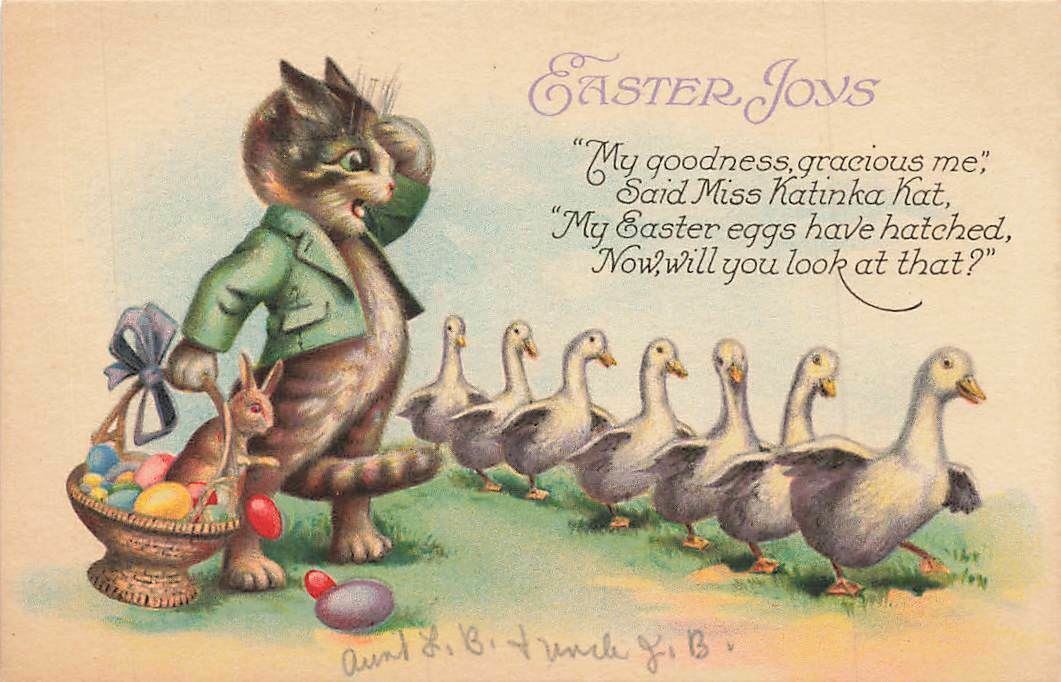 c1910 Anthropomorphic Cat Dressed Humanized Eggs Rabbit  Easter P304