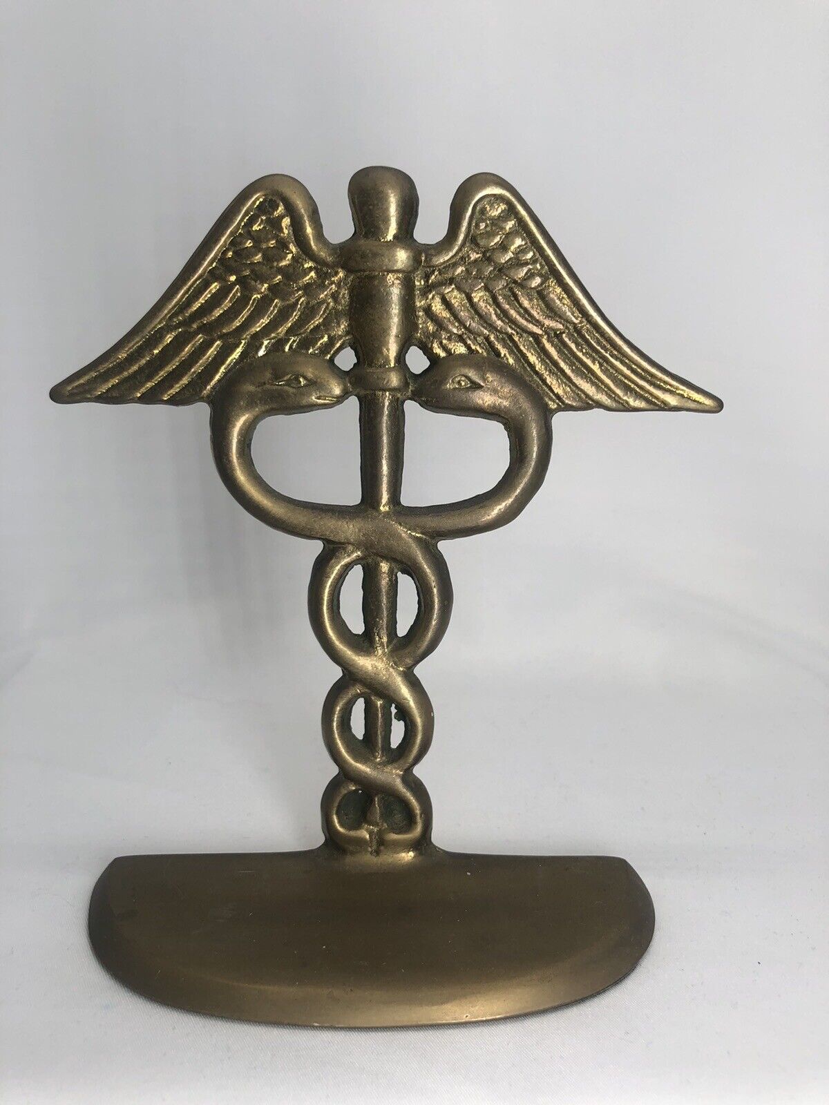Caduceus Brass Bookend, Army Medical Symbol, Vintage, Hermes And Roman Mercury